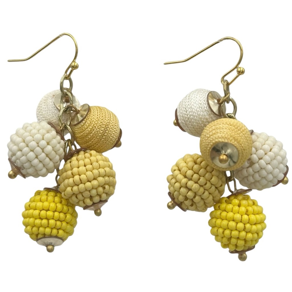 Yellow Tones Seed Bead Cord Ball Bead Cluster Dangle Earrings